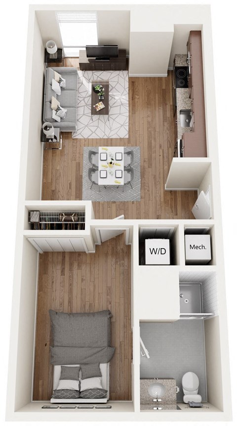 Floor plan for 1 bed, 1 bath, 553 sqft